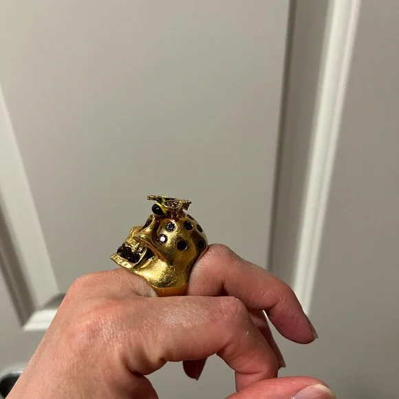 Alexander McQueen Gold Bee Skull Ring with Black and Red Accents - Picture 8 of 9